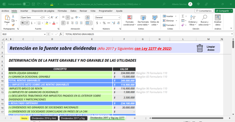 Liquidador para la Retención en la Fuente sobre Dividendos Y Participaciones