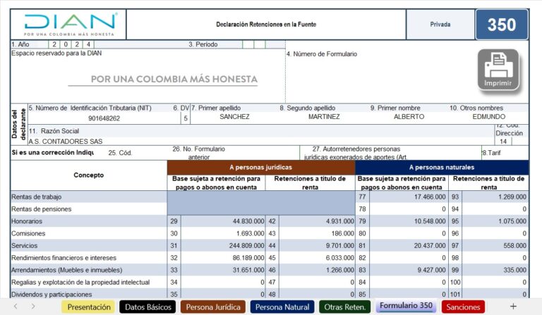 Liquidador nuevo Formulario 350 para Declaración de Retención en la Fuente​