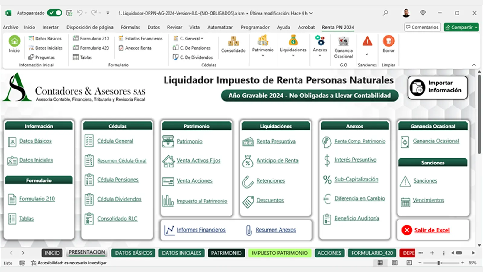Vista previa del liquidador en Excel para renta personas naturales 2024